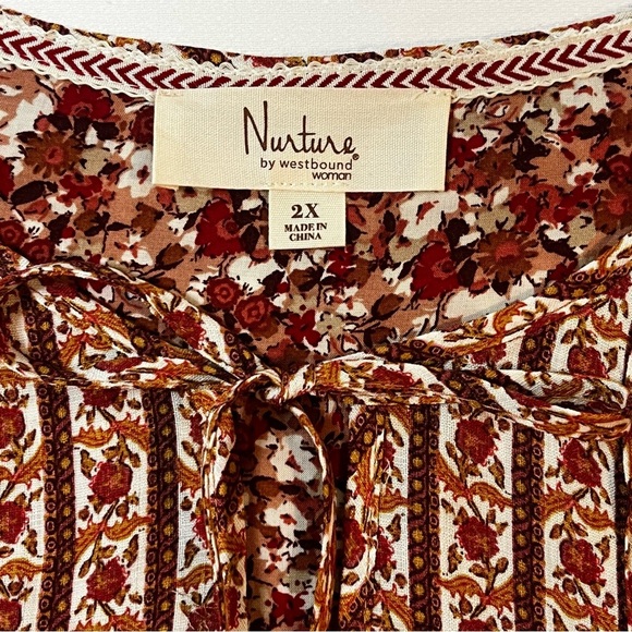 Nurture Women's Cottagecore Flutter Sleeve Boho Dress Tie Neck Rust Lined 2X - Picture 4 of 9